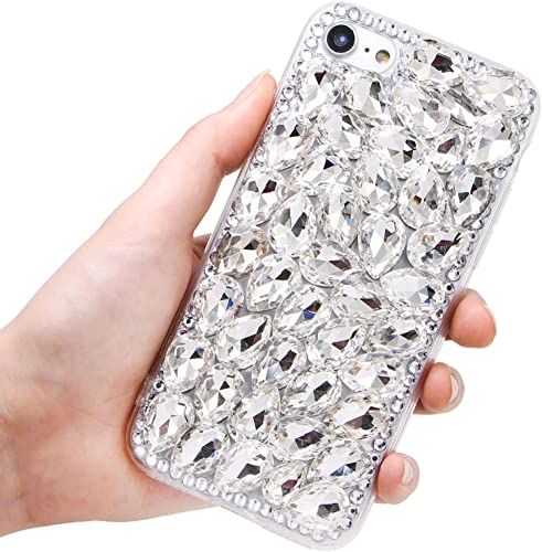 Yewos Glitzer Diamant Hülle Kompatibel mit Samsung Galaxy S22 Ultra,3D Glänzend Strass Kristall Klar Handgemacht Volle Diamanten Steine Niedliche Schutzhülle für Mädchen Frauen, Weiß Cover