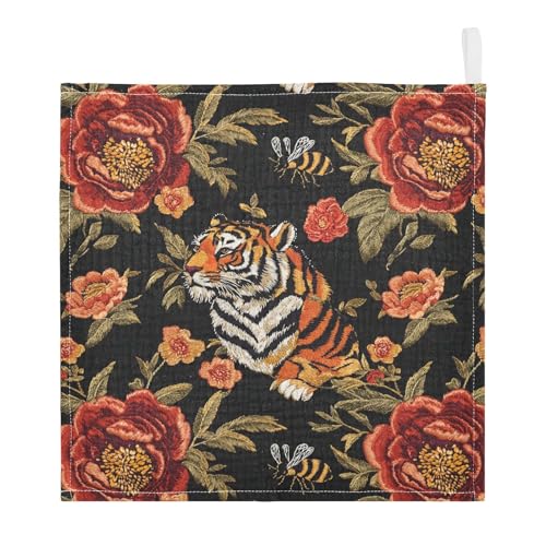 Image of vvfelixl Tiger Bee Flower Baby Burp Cloths Baby Muslin Washcloths for Boys Girls Cotton Babys Face Towel for Newborn Infants Soft and Absorbent 11.8 X 11.8 in, 5 Pack