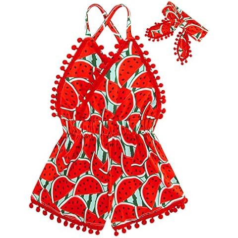 UNICOMIDEA 18 Months Summer Clothes Watermelon Bodysuit Baby Girls Romper 18-24 Months Red Backless Playsuit Size 2nd Birthday Outfit with Headband Sleeveless Jumpsuit Cover