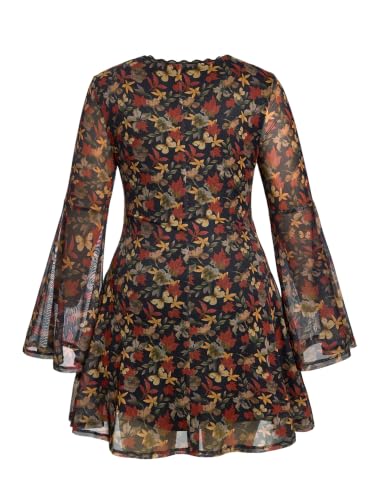 Image of BEAUDRM Women's Y2k Hippie Vintage Boho Dress Leopard Bell Long Sleeve V Neck Bow Mesh Goth Mini Dresses