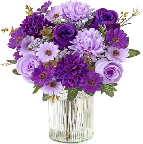 Image of Artificial Flower Bouquet for Home Decoration - 2 Pcs Faux Rose & Daisy Bouquet (Without Pot) Artificial Flowers for Living Room, Bedroom, Office, Vase Decoration (Purple)