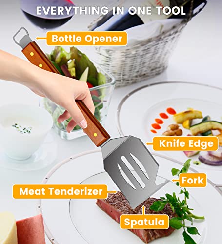 Grill Spatula, Innovative Bbq Spatula All In One Grill Tools With Long Wood Handle, Stainless Steel Bbq Tools For Outdoor Grilling Men And Women, Barbecue Spatula With Silicone Basting Brush #TOP5