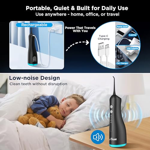 Image of Dr Trust USA 314 Aquacare Oral Irrigator, Portable Cordless Water Flosser, Rechargeable Dental Care Flossing, 4 Cleaning Modes, IPX7 300 ml Water Tank, Flossing at Home & Travel, Dental Oral Gum Care Flosser for Plaque Removal