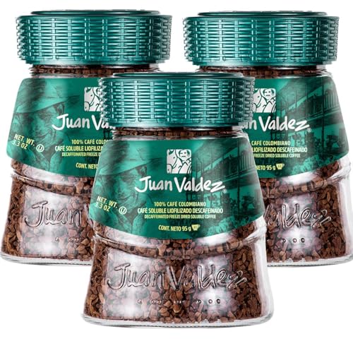 Pack 3 Café Liofilizado Descafeinado Juan Valdez 95 g, café soluble colombiano sin cafeína, preparación rápida en agua o leche, caliente o frío, formato ahorro 285 g totales