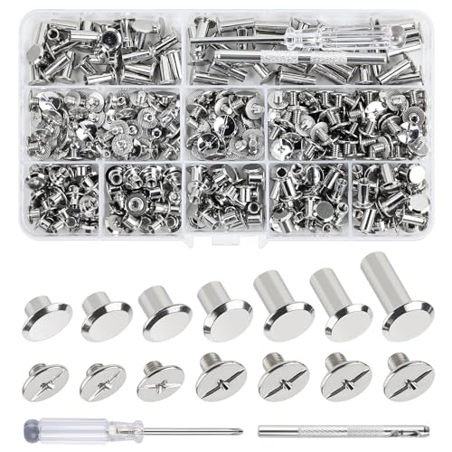 Annickee 175 Sets Vis Chicago, 7 Tailles Rivet a Visser M5*4/5/6/8/10/12/15 mm, Rivets pour Cuir Avec Outil de Perçage, Rivet Couture pour Bricolage Cuir, Livre, Album Photo, Kit de Reliure Chicago