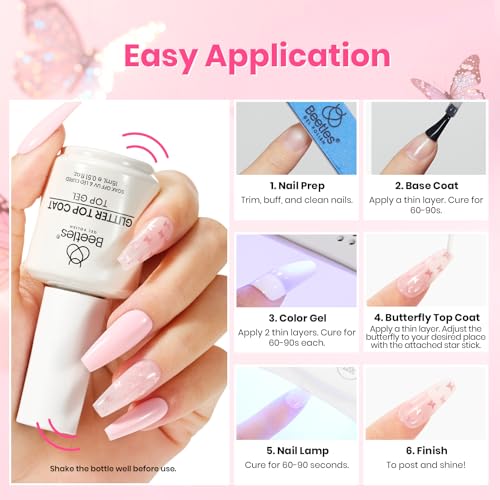 Image of Beetles Pink Butterfly Glitter Gel Top Coat, 15ml No Wipe UV LED