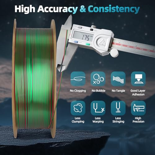 Image of Dual Color Silk PLA 3D Printer Filament 1.75mm, Dual Color 2-in-1 Green-Red Silk Filament 1KG Spool (2.2lbs) Dimensional Accuracy Probability + /- 0.02mm Fit Most FDM 3D Printer, Red-Green