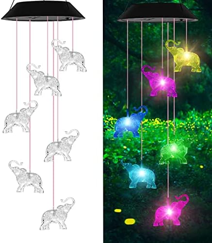 AIONASA Wind Chimes, Elephant Solar Wind Chimes for Outside, Birthday Gifts for Mom Grandma, Waterproof LED Solar Powered Memorial Wind Chimes with 7 Color Changing for Garden Outdoor Yard Lawn Decor