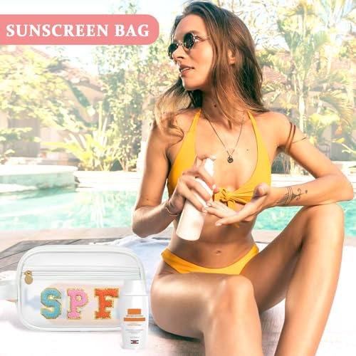 Image of COSHAYSOO Clear Sunscreen Bag SPF Beach Vacation Essentials Waterproof Summer Pool Must Have Accessories for Women Teen Girls, Family Beach Day Organizer Toiletry Pouch Travel Gifts Preppy Letter