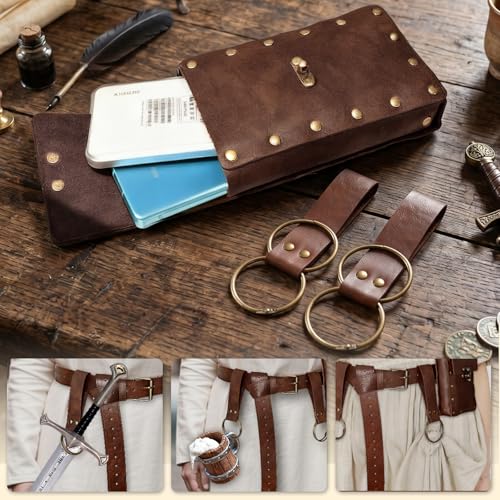 Image of Renaissance Belt Pouch Medieval Viking Leather Bracers Set for LARP
