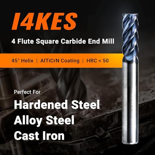 Image of I4KES 1 /8 inch Carbide Square End Mill- 4 Flute Milling Bit Set for Steel, Forge Steel, Copper, Alloys < HRC 50 - AlTiCrN Coating CNC Router Bit, 45 Degree Helix (Length 2 inch, 5 pcs)