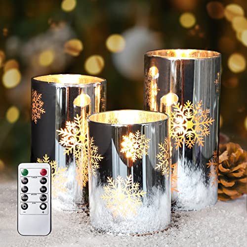 Immeiscent Christmas Flameless Candles,Snowflake Electroplate Glass Candle, Battery Candle With Timer&Remote,Realistic Pillar Candle For Xmas,Home Decor,Holiday,Set Of 3 (D 3” X H 4” 5” 6”) #TOP3