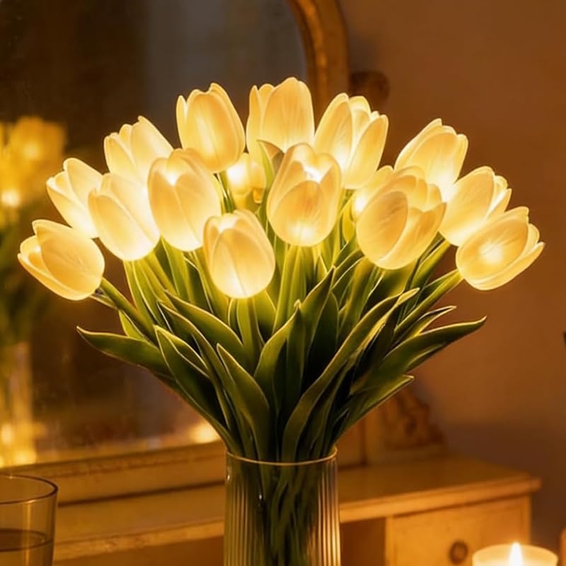 Artificial Tulip Flowers LED Lights Radiant Romantic Tulip Light Real Touch Led Night Light that Never Fade, Twinkling Tulips Tree, Gentle Lighting, for Bedroom Bedside Decor and Gift (10, White)