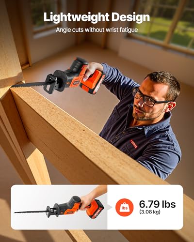 Image of VEVOR Cordless Reciprocating Saw, 20V Brushless Reciprocating Saw with Battery, 3000 SPM Variable Speed, 1 inch Stroke Length Charger, 8 Blades, and Carrying Bag, for Wood, Metal and Plastic Cutting