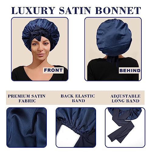 GUGUGO Seidenhaube zum Schlafen, Silk Bonnet, Verstellbare Seidenhaube, Schlafhaube Seide, Schlafmütze Damen, Satin Haube, Satin Haube Schlafen, Silk Sleeping Cap, Dunkelblau