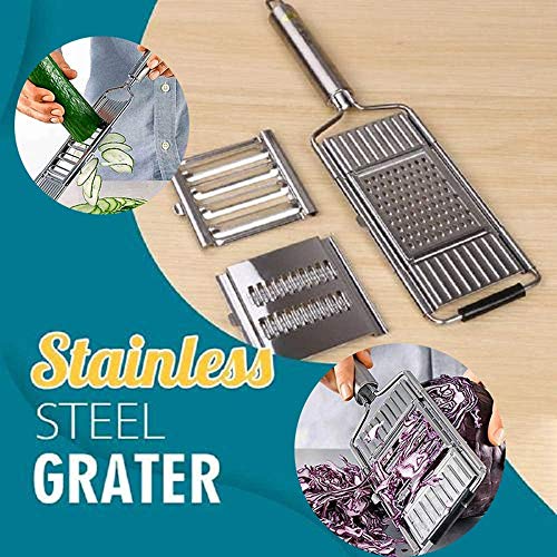 Multi-Purpose Vegetable Slicer, Stainless Steel Handheld Grater Steel Grater with 3 Replaceable Blades Adjustable Kitchen Tool Cover
