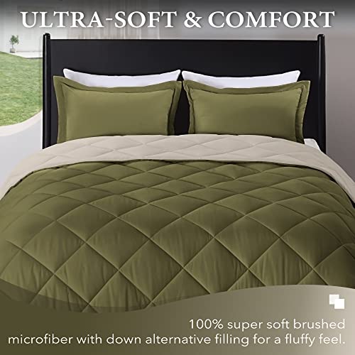 Downluxe Queen Comforter Set, Lightweight Solid Down Alternative Reversible, 3-Piece Queen Size Comforter Set With 2 Reversible Pillow Shams (Olive Green/Ivory) #TOP1