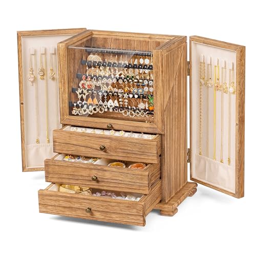 Srillollar Jewelry Box Organizer, Rustic Wooden Jewelry Boxes for Women Girls, Large Storage Earring Holder Organizer Display for Earrings Necklaces Rings Bracelets, Jewelry Case as Gifts for Her
