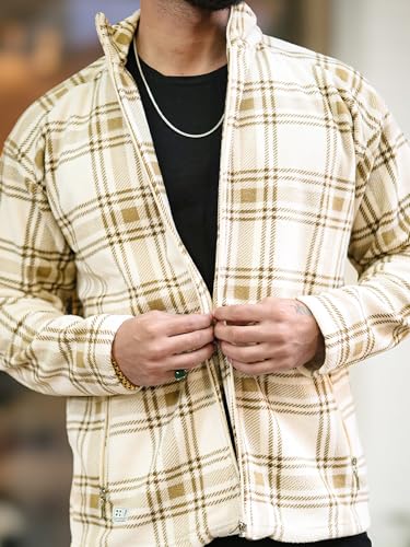 Image of Maniac Mens Checkered Full Zipper Fullsleeve Polyester Blend Fleece Shacket for Men