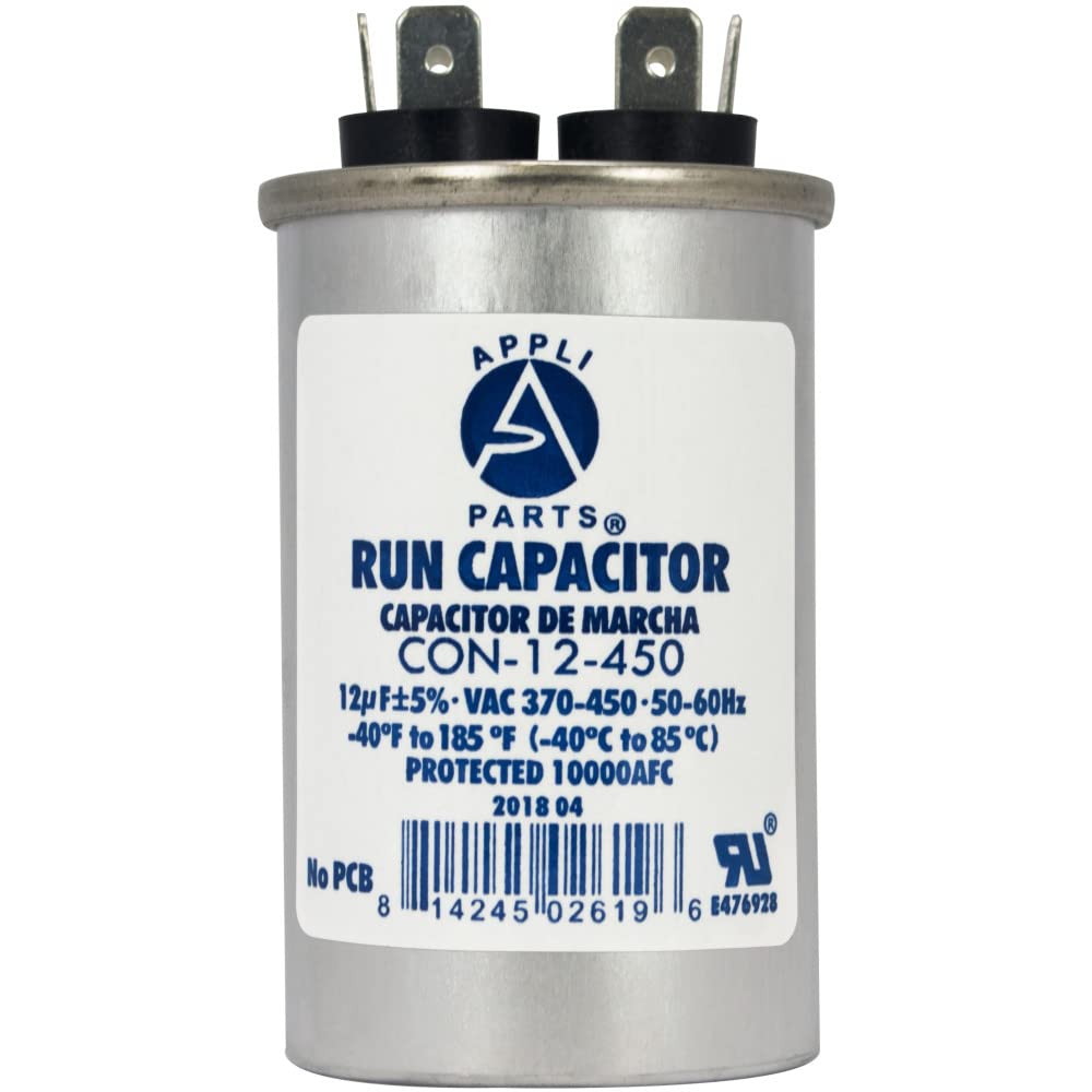 AP APPLI PARTS Run Capacitor for ac 12 Mfd uF (microfarads) 370 VAC or 450 VAC CBB65 Round Universal fit for hvac and other applications 3 in High 1-1/2 in Wide CON-12-450