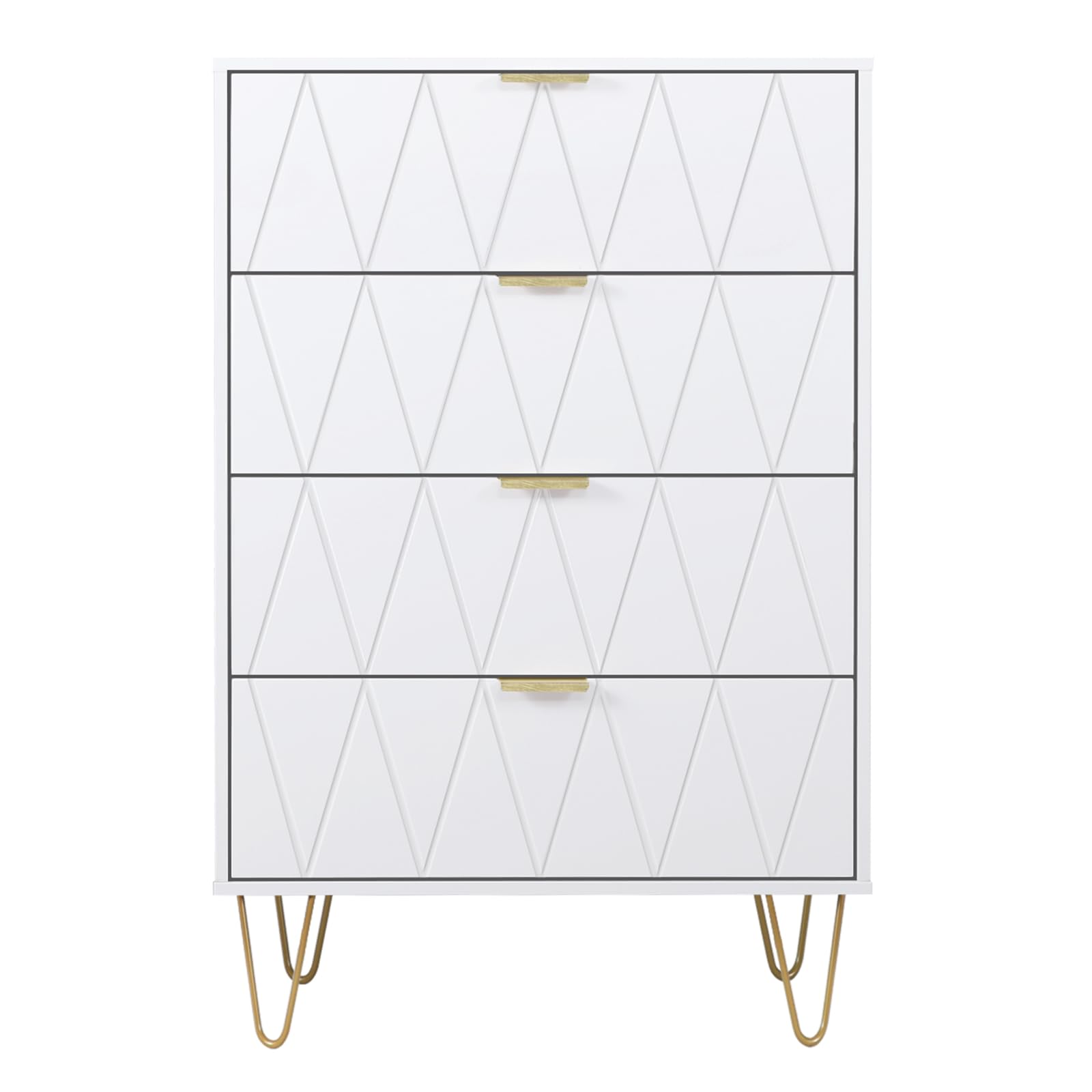 UEV Commode 4 Tiroirs, Meuble de Rangement Bois, Style Simple et Élégant, Manche et Pieds Couleurs Dorées, 60 x 34 x 91 cm, Buffet pour Chambre, Salon, Bureau, Blanc