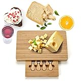 COSTWAY Käsebrett mit 4tlg. Besteck, Käseset aus Bambus, Käseplatte multifunktional, Käsemesserset, Käseschneidbrett, Käsemesser Set, Servierplatte 39 x 25 x 3,5cm