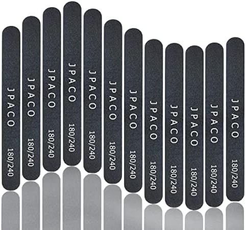 12-Pack Professional Nail Files: Double-Sided Emery Boards for Natural, Acrylic, Poly, and Gel Nails – Washable Black Manicure Tools Set by JPACO (180/240 Grit)