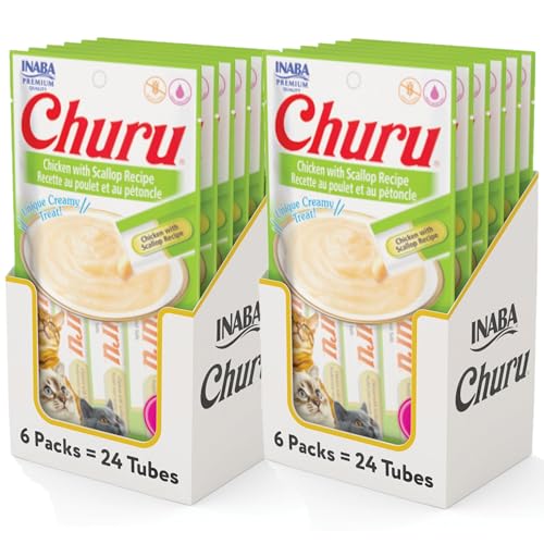 Image of INABA Churu Cat Treats, Grain-Free, Lickable, Squeezable Creamy Puree Cat Treat /Topper with Vitamin E & Taurine, 0.5 Ounces Each Tube, 48 Tubes (4 per Pack), Chicken with Scallop Recipe