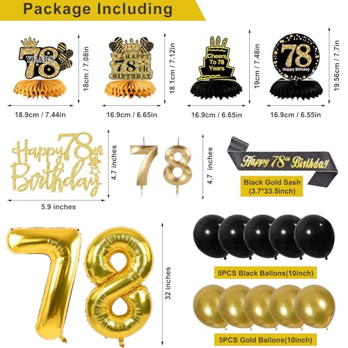 Image of 78th Birthday Decorations for Men, Black Gold 78th Party Decoration Kits | 27pcs Happy 78th Birthday Set, Banner, Honeycomb, Balloons, Gold Number, Candle, Hanging Swirls, Cake Topper, Party Supplies