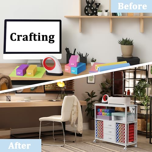 Image of 48 Vinyl Roll Holders for Cricut Cart, 32 inchW Large Craft Cart with 3 Fabric Drawer, Craft Organization and Storage Compatible with Cricut Maker Machine, Crafting Table Workstation, White,Patent Pending