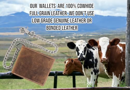 Image of F&L CLASSIC RFID Blocking Mens bi-fold Style Cowhide Leather Steel Chain Wallet, buffalo vintage leather,texas buff white stitching