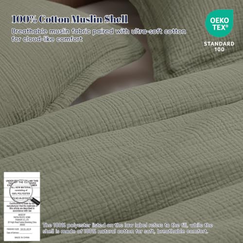 Image of PHF Cotton Muslin Comforter Set King - 100% Cotton Cover, Ultra Soft & Breathable, 3PCS Lightweight All-Season Bedding with Polyester Fill, 1 Comforter 104 inchx90 inch & 2 Pillow Shams 20 inchx36 inch, Dusty Sage