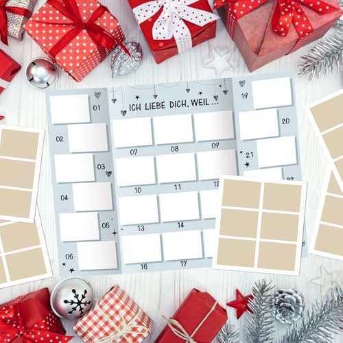 DPKOW Paare Adventskalender Rubbellos Karte, Ich liebe dich weil Selber Machen Rubbellos Adventskalender für Paar Pärchen Freundin Freund Liebe ADVENTSKALENDER Selber Befüllen PAAR