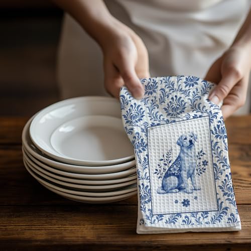 Image of Chinoiserie Labrador Retriever Kitchen & Hand Towels Set of 2, Blue and White Floral Dog Dish & Tea Towels for Kitchen Bathroom Decor, Vintage Toile Dog Lover Gifts for Women 16x24 Inch