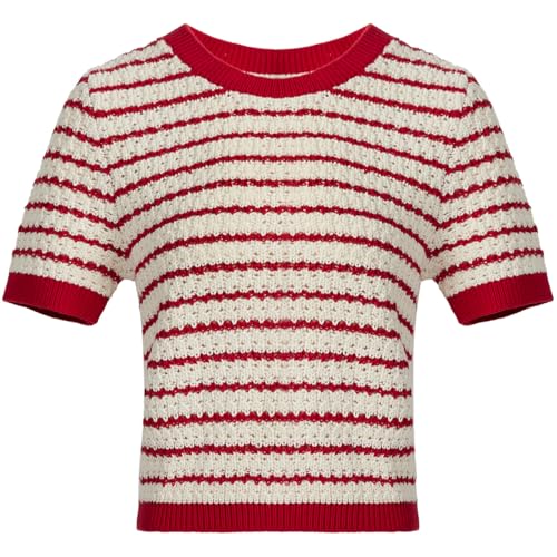 Women's Short Sleeve Sweaters Crewneck Knit Tops Casual Striped 2025 Trendy Soft Summer Blouses2
