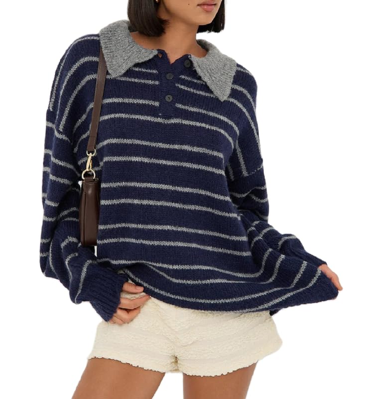 Women Oversized Polo Sweater Striped Long Sleeve Collared Knit Rugby Shirts Vintage Aesthetic Preppy Golf Sweaters