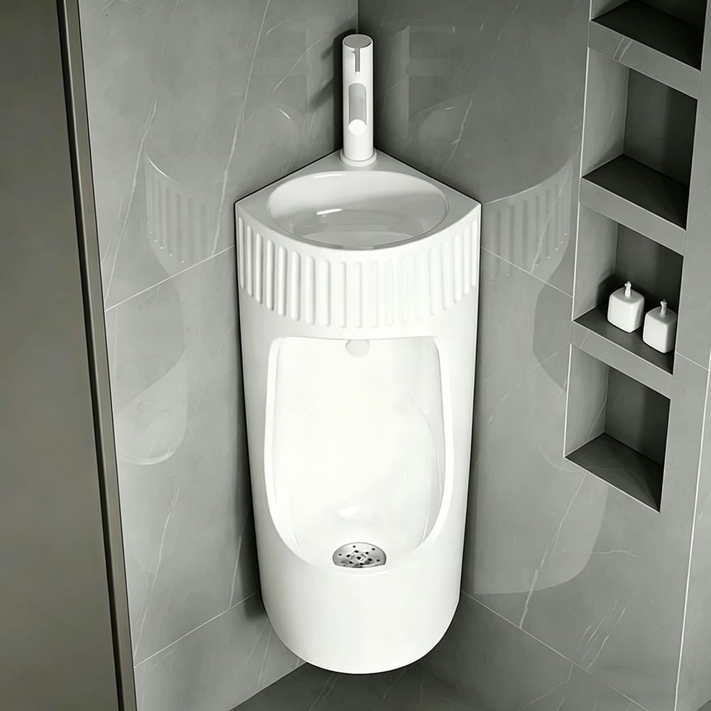 Ceramic Male Urinal with Pull-Out Faucet, Wall Commercial Splash-Proof Washout Urinal, for Home Bathroom, Hotel, Commercial Public,Gray,33x24x71cm