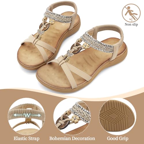 Image of UBFEN Womens Bohemian Flat Sandals With Back Strap Summer Beach Comfortable Bling
