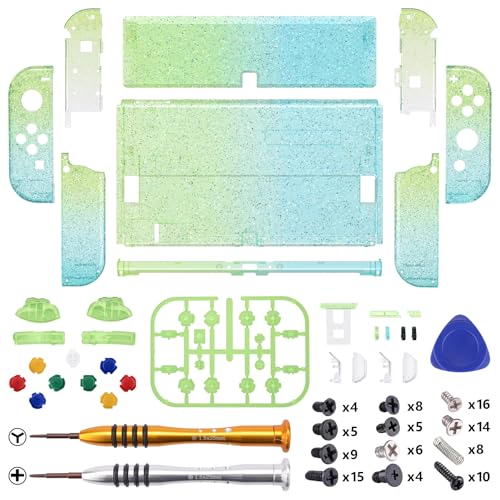 Image of eXtremeRate DIY Full Set Shell Buttons for Nintendo Switch OLED, Replacement Console Back Plate & Kickstand Custom Case Housing for Nintendo Switch OLED JoyCon -Glitter Gradient Translucent Green Blue