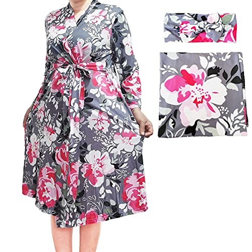 Image of SUFEINI Maternity Robe and Matching Baby Swaddle Blanket Set, Mommy Robe with Receiving Blanket Girls Boys Sleepwear