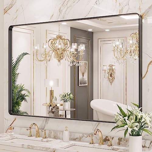 LOAAO 48X40 Inch Black Metal Framed Bathroom Mirror for Wall, Matte Black Bathroom Vanity Mirror Farmhouse, Large Rounded Rectangle Mirror, Anti-Rust, Tempered Glass, Hangs Horizontally or Vertically