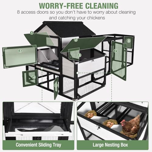 Image of Extra Large Wooden Chicken Coop for 8-10 Chickens, Reinforced Outdoor Hen House with Extended Run, 6 Nesting Boxes, Easy Clean Pull-Out Tray, Waterproof Asphalt Roof - Black, 118 inch L