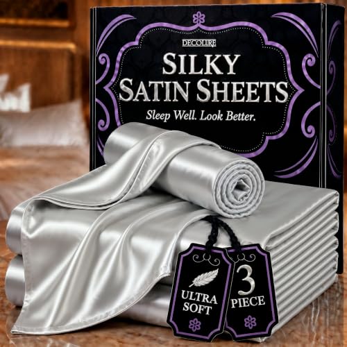 Image of DECOLURE Satin Bed Sheets - 3 Piece Luxury Silky Twin Size Bedding Set - Softer Than Silk, Wrinkle-Free with 15 inch Deep Pocket Fitted Sheet, Perfect for Hair & Skin, Gifts for Women (Grey)