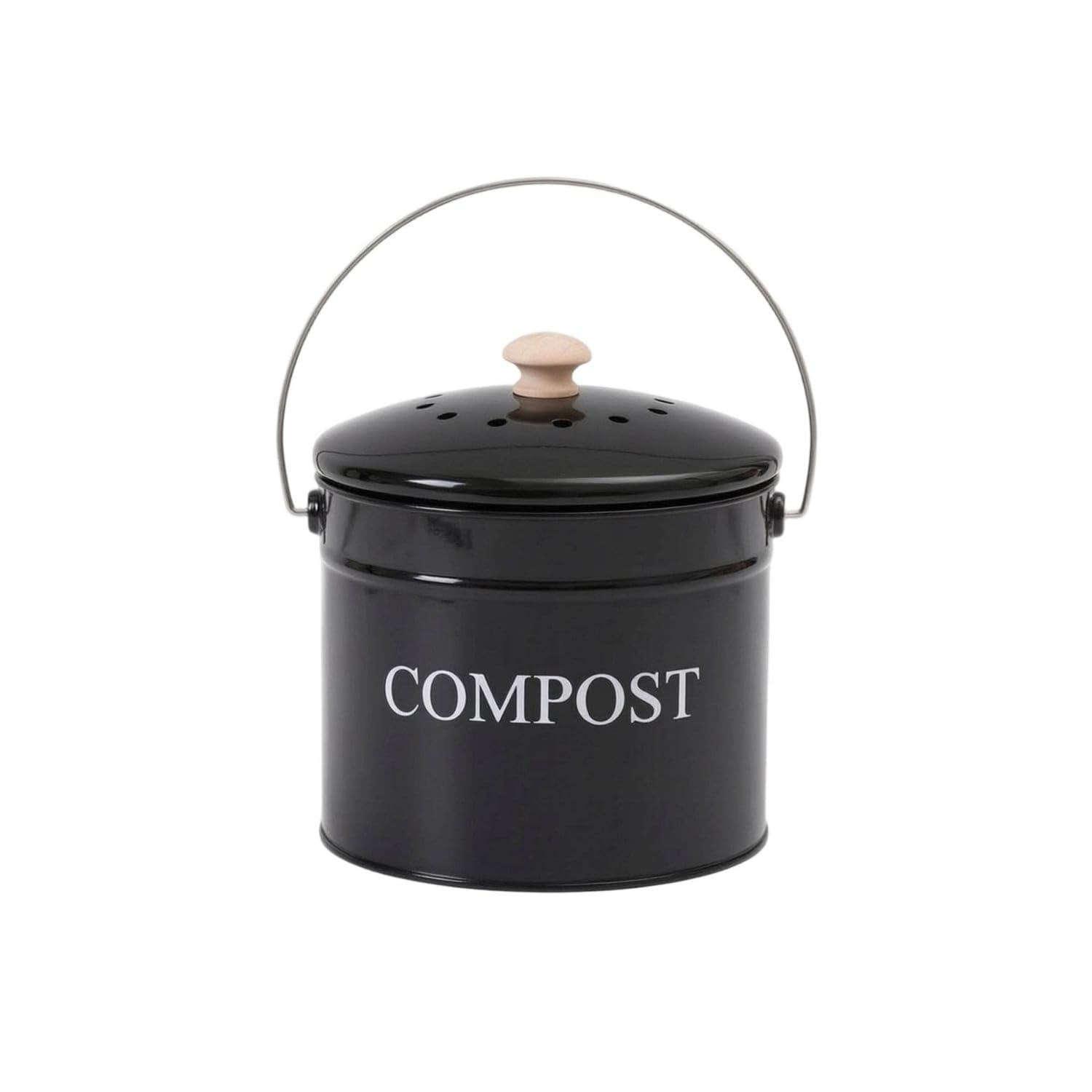 Metal Kitchen Compost Bin Vented Compost Bin with Lid Cylindrical Container Compact, Black-image-34
