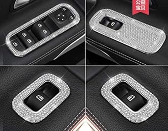 Car Interior Trim Fiting Bling Crystal Rhinestone Fashion Decals Accessories fit for Mercedes Benz New A B class CLA GLB 2019 2020 (silver, Car window lift button cover 4pcs)