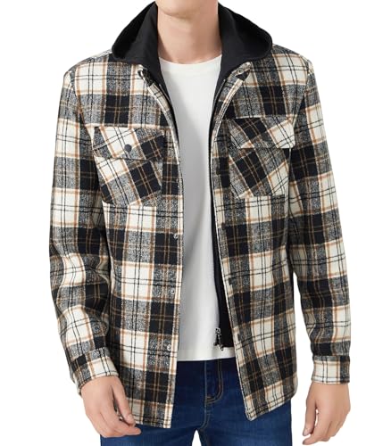 Image of FTIMILD Men's Flannel Jackets Quilted Lined Shirt Plaid Cotton Soft Warm Coat for Men with Detachable Hood