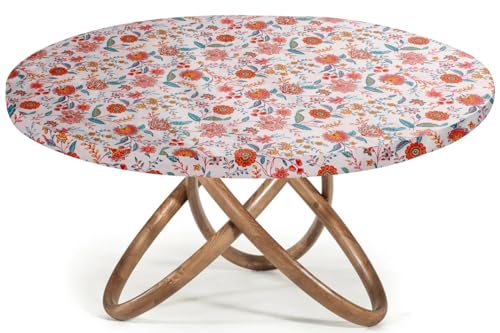 Image of The Furnishing Tree Elastic Cotton Round Dining Table Cover 40x40 in Inches Floral Multicolor on offwhite Base