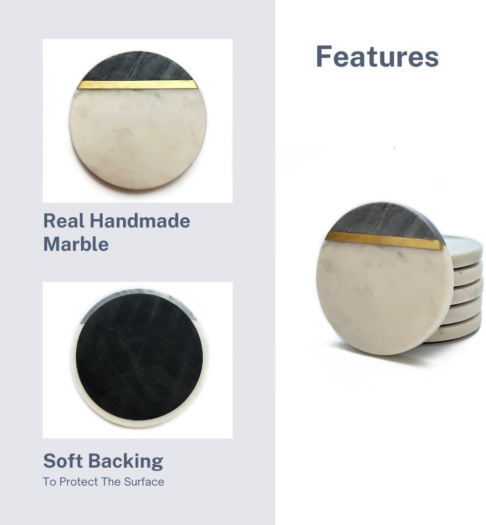Perilla Home Handcrafted Marble Coasters Set of 6 – Round Coasters for Kitchen, Wine Glasses, Mugs & Beer – Absorbent, Durable, and Stylish Drink Coaster Plates (Black/White) - Image 3