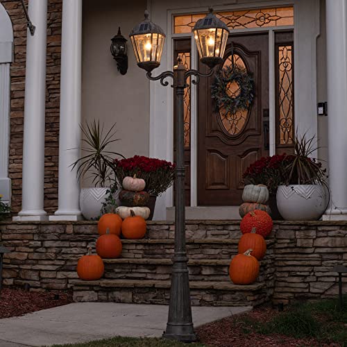Gama Sonic Outdoor Solar Lamp Post Light Kit, Royal Bulb 120 Lumens, Double Head Weathered Bronze Cast Aluminum And Clear Beveled Glass Post Lamp, Light Pole, And Warm White Light 2700K, 98B302 #TOP2