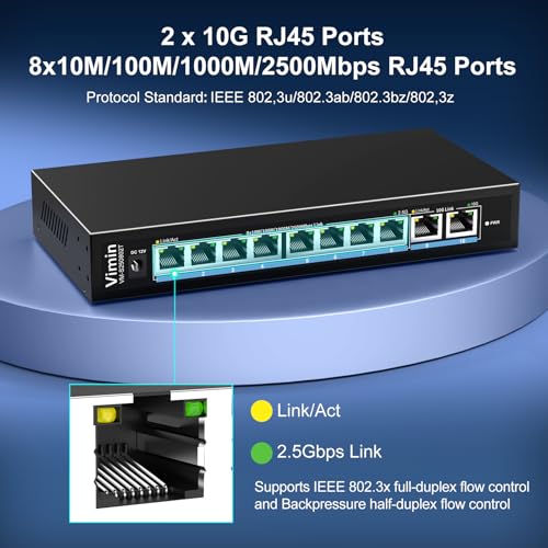Image of 10-Port 10G /2.5G Ethernet Switch with Dual 10GBASE-T, Vimin 8X 2.5G +2 x 10Gb RJ45 Ports Unmanaged Switch, 80Gbps Capacity, 10G Switch Desktop /Wall Mount Network Switch for NAS, PC, Wireless AP